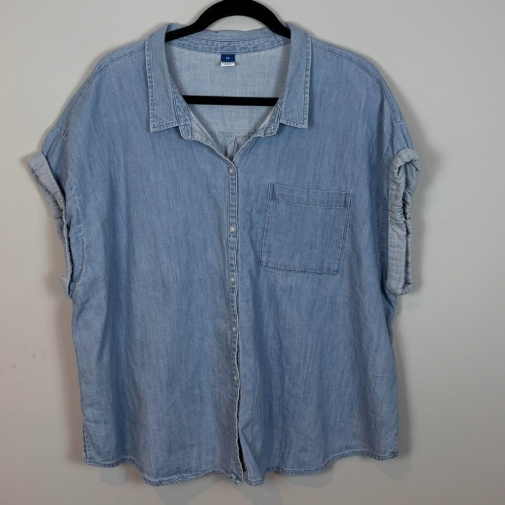 Old Navy Womens Chambray Cap Sleeve Button Front Short Sleeve Top sz 2X Classic